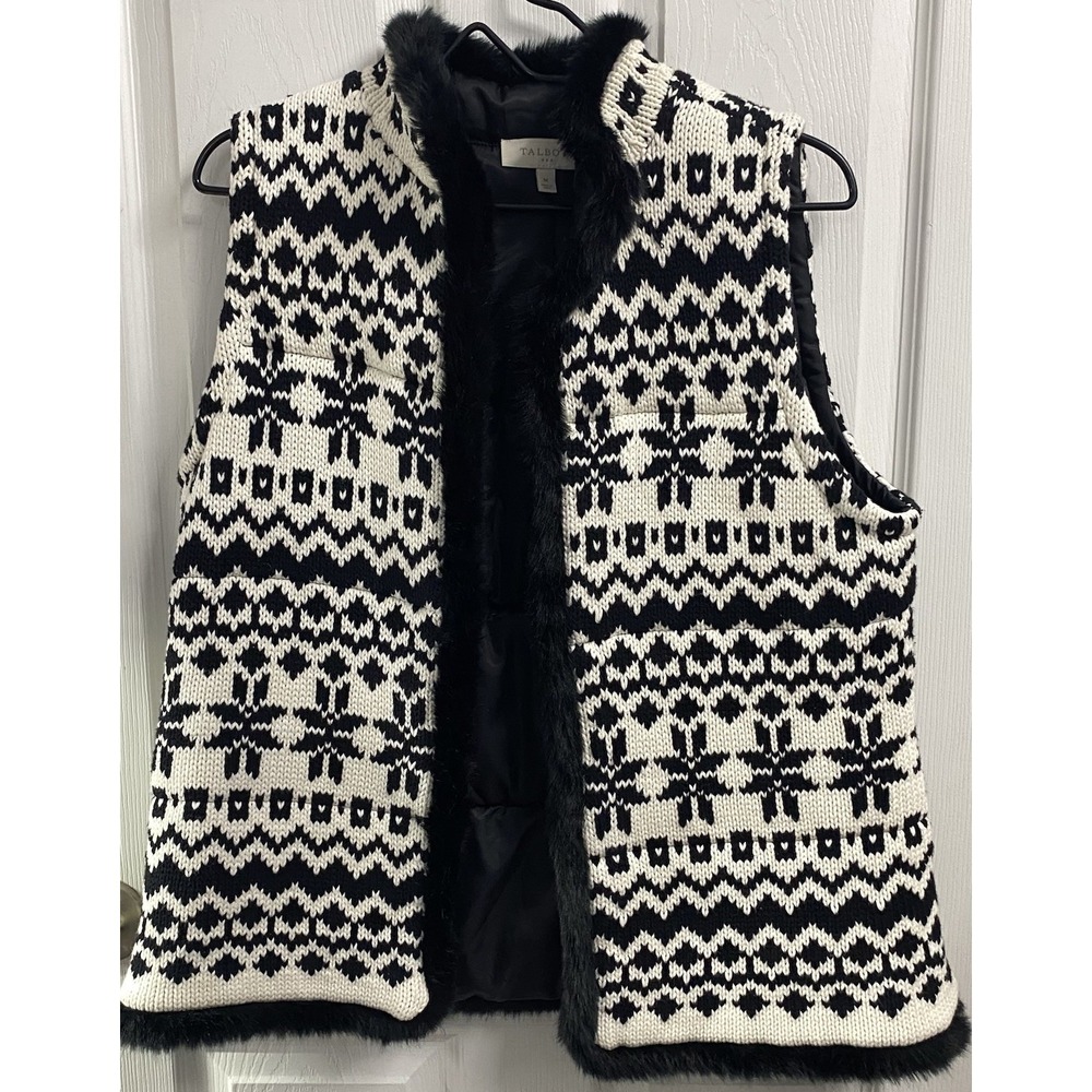 Talbots Womens Sweater Vest Faux Fur Lined Fair Isle Black&White Knit Sz.‎ M